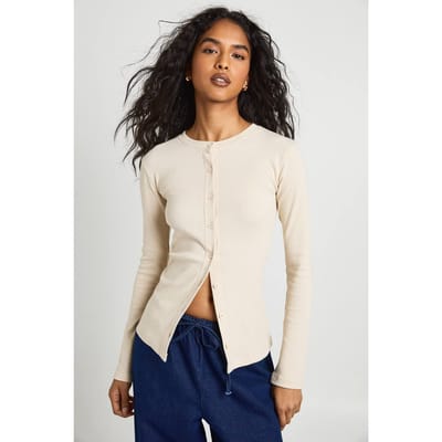 boohoo Dames Top met ribstof en doorlopende knoopdetails, lange mouwen | Stone | Maat: 6