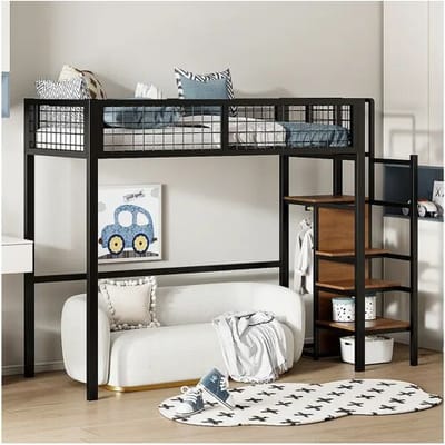Merax Hoogslaper 90 x 200 met ladder, opbergplank en kledingkast - Metaal - Lattenbodem - Zwart