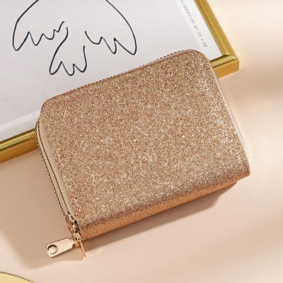 Porte-cartes pour dames à double fermeture éclair Porte-cartes brillant Multi-emplacements pour cartes Sac pour carte d'identité Sac tendance pour femmes or