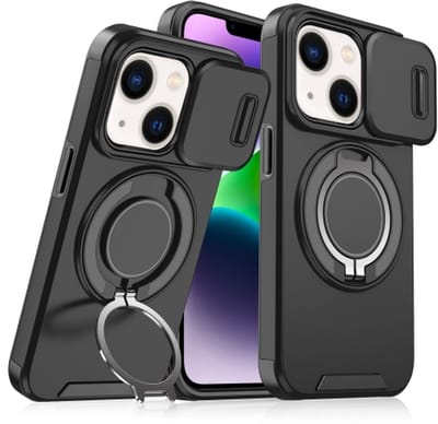 Backcover Hoes Geschikt voor: Apple iPhone 14 - Magnetische Ringhouder met Sliding Lens Camshield - Zwart