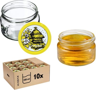 KADAX Kleine inmaakpotten, 250 ml, jampotten met deksel, luchtdichte potten om cadeau te geven, mini-potten voor honing en specerijen (10 stuks, bijenkorf)