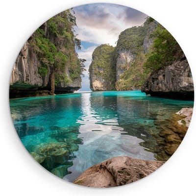 Saammp Muurcirkel Hout - Blauw water tussen de rotsen - Landschap - Natuur - Ø 90 - Wandcirkel - Wanddecoratie Cirkel - Muurdecoratie Woonkamer - Slaapkamer decoratie - Rond Schilderij