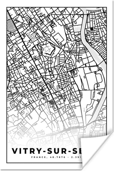 Poster Stadskaart - Plattegrond - Kaart - Vitry-sur-Seine - Frankrijk - Zwart wit - 120x180 cm XXL