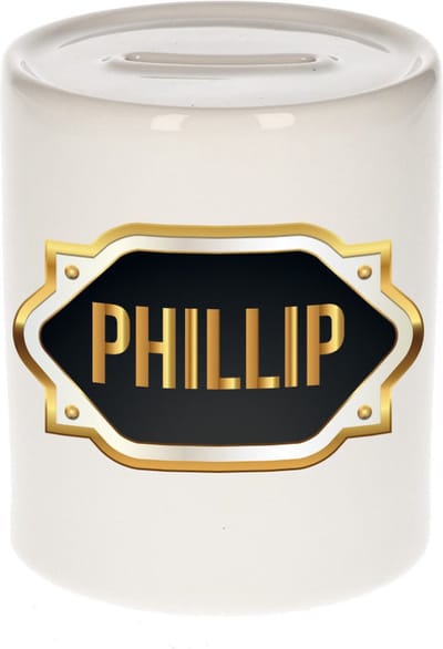 Spaarpot met voornaam Phillip - wit - met goud/zwart embleem - 8 x 9 cm - keramiek - met afsluitdop - cadeau verjaardag