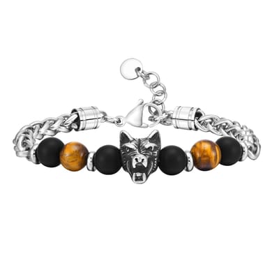 Winkrs - Armband met Wolvenbedel en Tijgeroog - 18-21cm - Rvs sieraad