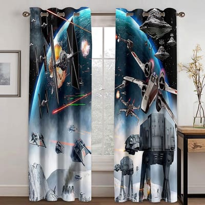 3D Cartoon Ruimte Planeet Ruimteschip Universum Kinderen Dunne Gordijnen voor Jongens Woonkamer Slaapkamer Decor 2 Panelen 100W130H(CM)40x51in&Hook black
