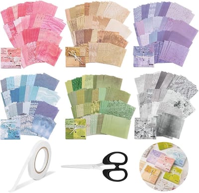 600 Vellen Vintage Scrapbook Papier Set (8x8 cm) met Schaar en Tape voor Knutselen