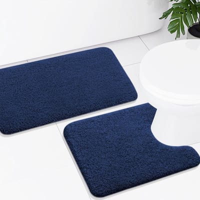 Badmat - Badkamermat 2-delige set wc-matten met uitsparing antislip wasbaar hoogpolig marineblauw badmat microvezel badmatset 50 x 60 cm - 50 x 80 cm