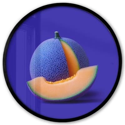 Poster in lijst Rond - Fotolijst 40x40 cm - Posters - Meloen - Blauw - Oranje - Kunstzinnig - Ronde posterlijst zwart - Decoratie - Wanddecoratie woonkamer - Muurdecoratie slaapkamer