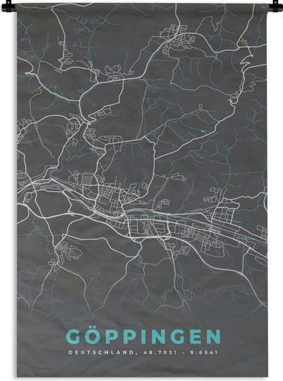 Wandkleed - Wanddoek - Blauw – Duitsland – Plattegrond – Stadskaart – Kaart – Göppingen - 120x180 cm - Wandtapijt