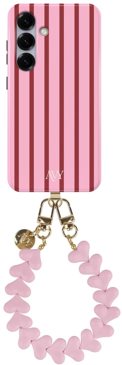 AVY Hoesje Met Telefoonkoord | Geschikt voor Samsung Galaxy S25 Plus | Compatibel met MagSafe | Hard Shell Back Cover | Stijlvol Bijpassend Koord 30CM | Linea Hearts | Roze