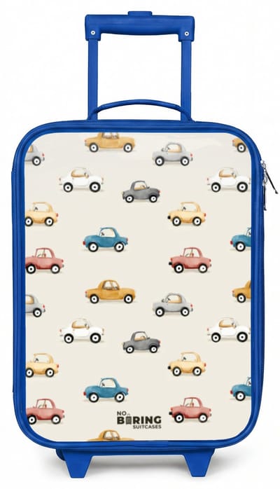 NoBoringSuitcases.com® - Kinderkoffer blauw - Kindertrolley jongen - Kleurrijke retro autootjes - Koffer kind lichtgewicht - Reiskoffer trolley voor kinderen - Koffertje met lichtgevende wieltjes - Rolkoffer