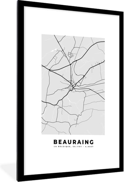 Fotolijst incl. Poster Zwart Wit- Stadskaart – Plattegrond – België – Zwart Wit – Beauraing – Kaart - 60x90 cm - Posterlijst