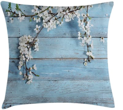 ABAKUHAUS kussenhoes – houtlook – lentebloemen – 40×40 cm – blauw/wit