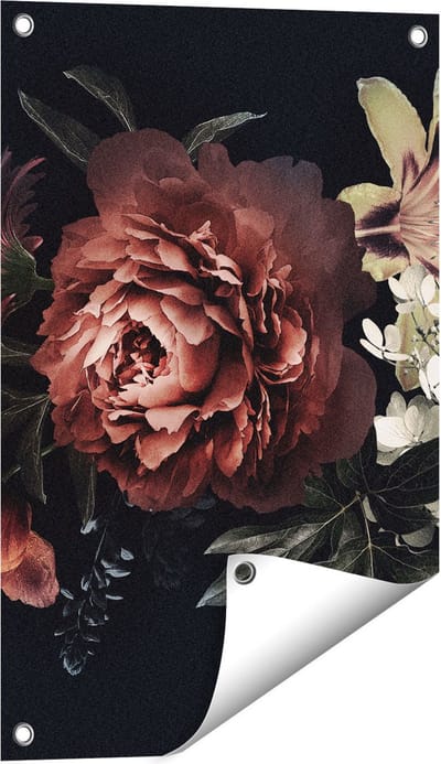 Gards Tuinposter Bloemen op een Zwart Achtergrond - 40x60 cm - Tuindoek - Tuindecoratie - Wanddecoratie buiten - Tuinschilderij