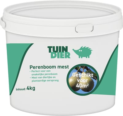 Perenboom mest | TUIN-DIER® | Perenboom voeding | 100% natuurlijk | In handige bewaaremmer | 4.000 gram | 4 kilogram | TUIN-DIER