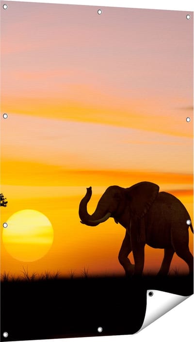 Gards Tuinposter Olifant Silhouet tijdens Zonsondergang - 80x120 cm - Tuindoek - Tuindecoratie - Wanddecoratie buiten - Tuinschilderij