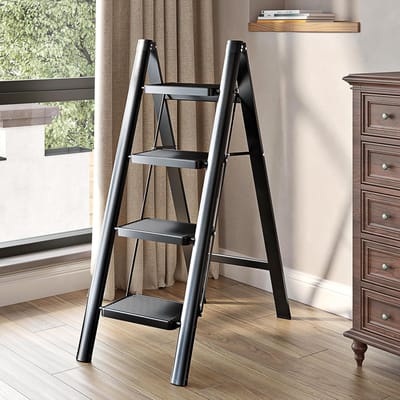 Huishoudtrap - Huishoudladder - Huishoudtrap 4 Treden - Draagbaare - Vouwladder met Antislipmat - Zwaar Gebruik - Staande Ladder - Maximaal Draagvermogen van 270 kg - Maximum Hoogte 113cm - Zwart