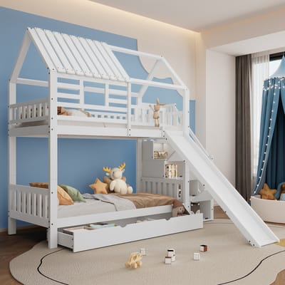 MODFU - Stapelbed 90x200 cm – Met glijbaan & opbergtrap – Huisjesdesign – Wit