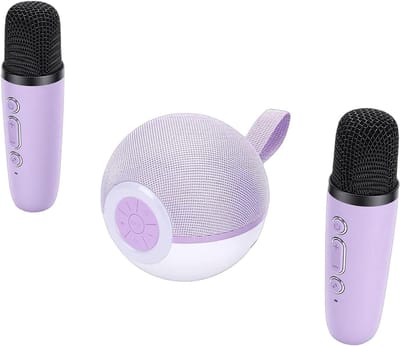 Karaokemachine met microfoons - Draagbare speaker - Muziekfeest thuis - Vijf stemeffecten - 14.5 x 14 x 10 cm - Paars