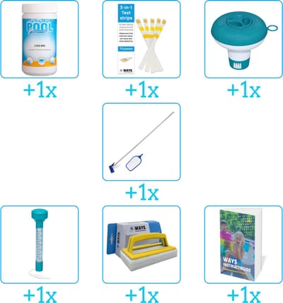 Zwembad Onderhoudspakket - Onderhoud Zwembad - bevat Chloor - Testrips - Chloordrijver - Schoonmaakset - Thermometer - Scrubborstel en Zwembadgids (7-delig)