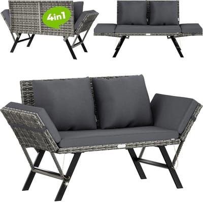 HOB Loungebank met kussens - 4-in-1 Bank -Verstelbaar - Tuinbank - Ligbed - Loungebank met kussens - Weersbestendig - Binnen en Buiten - Zwart & Grijs