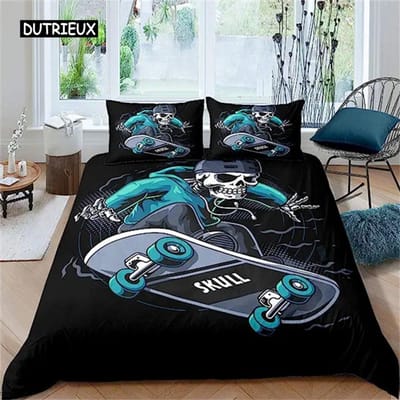 Skateboard Dekbedovertrek Skateboard Speler Dekbedovertrek Set Queen Size Hip Hop Hippie Beddengoedset Buiten Extreem Sporten Spel 140x200cm 3pcs
