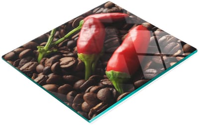 Duurzaam en stijlvol glazen snijplank met een chilipeper- en koffiepatroon, 60x52 cm
