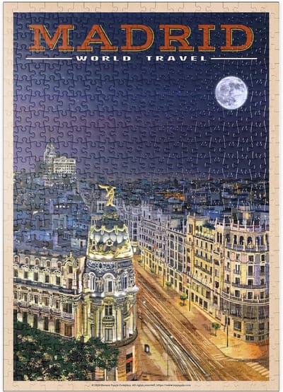 Puzzel 500 Stukjes: Gran Vía Nacht Madrid - Vintage Reisposter
