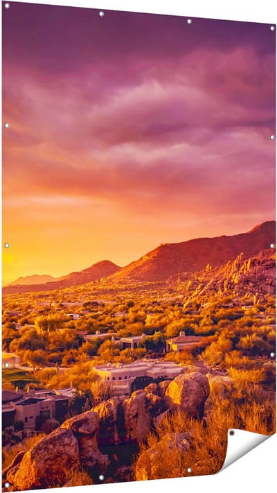 Gards Tuinposter Woestijn Landschap met Zonsondergang - 120x180 cm - Tuindoek - Tuindecoratie - Wanddecoratie buiten - Tuinschilderij
