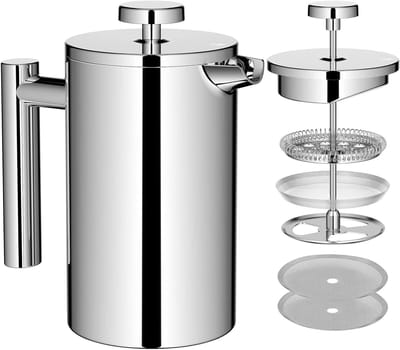 Koffiezetter French Press - Koffiebereider Thermo - Koffie en Thee - Dubbelwandig RVS - 06 liter - Zilver