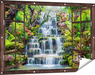 Gards Tuinposter Doorkijk Tropische Waterval in Thailand - 120x80 cm - Tuindoek - Tuindecoratie - Wanddecoratie buiten - Tuinschilderij