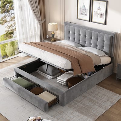 Sweiko Gestoffeerd bed 140x190 cm, Tweepersoonsbed met 2-laden, Houten Flat noedles frame, Fluweel, Grijs, met Flat noedles voet en hoofdeinde, opbergbed, hydraulisch kussenbed