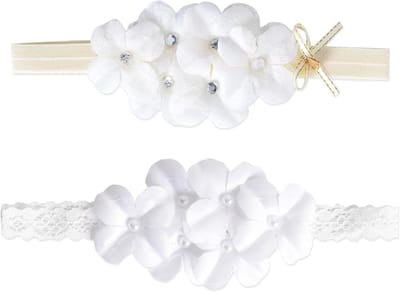 Set van 2 Schattige Babymeisjes Haarbanden van Zacht Kant, Elastische Hoofdbanden voor Pasgeborenen, Peuters en Kinderen voor Doopfeesten en Speciale Gelegenheden