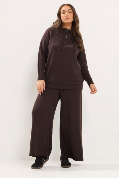 Yours Chocoladebruine Gebreide Broek Met Wijde Pijpen Size 42-44