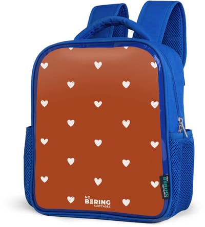 NoBoringSuitcases.com® - Rugzak blauw - Schooltas jongens - Wit hartjespatroon op oranje bruine achtergrond - Kinder rugtas jongen - Boekentas kind - Kinderrugzak voor school - Schoolrugzak