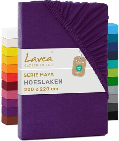 Lavea® Hoeslaken 200x220 cm – 100% Katoen, Zacht en Ademend – Geschikt voor Matrassen tot 35 cm – Jersey met Elastiek Rondom – Donkerpaars