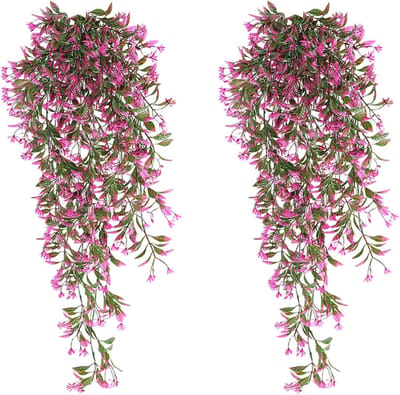 2 Stuks Kunstmatige Hangplanten voor Wanddecoratie - Nepplanten voor Tuin, Huis en Bruiloft - Roze en Rode Kleuren voor Binnen en Buiten