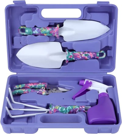 Allecto Plus - 5-delige tuingereedschapsset met paarse bloemenprint - Ergonomische handgreep - Schop, hark, ei troffel, tuinschaar, sproeier - Tuincadeauset