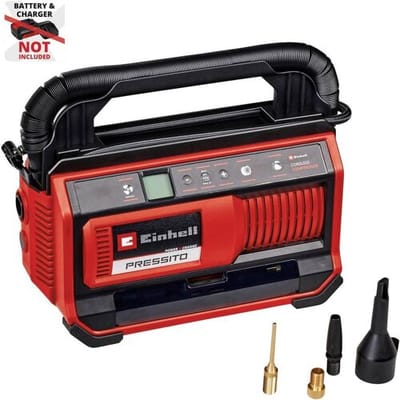 Einhell Accu Compressor PRESSITO 18/25 Li Solo - Power X-Change - 18 V/Li-Ion - Aanzuigcapaciteit Hogedruk-/Lagedrukpomp: 25/360 l/min - Max. werkdruk hogedrukpomp: 11 bar - Incl. 3-delige adapterset - Excl. accu en lader