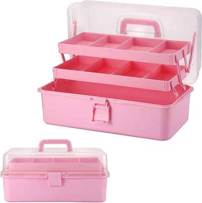 Multifunctionele 3-laags opbergdoos, BPA-vrij, voor naaibenodigdheden, medicijnen en cosmetica, draagbare organizer met deksel in roze