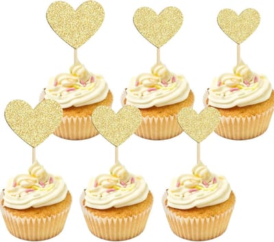 Cake Decorations Hartvorm 30 Stuks - Glitter Toppers - Goud - Perfect voor Valentijnsdag - ShopVlot