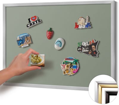 Wallfluent - Olijf Magnetisch Bord in Verschillende Kleuren - 70 cm x 50 cm - Magneetbord met Zilveren Frame - Licht olijfkleur - Magnetisch Bord Rechthoekig - Magneetbord met Effen Frame - Magnetisch Bord voor aan de Wand