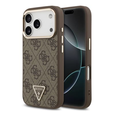 Guess Classic Triangle Logo Leather Backcover met MagSafe voor de Apple iPhone 17 Pro - Bruin