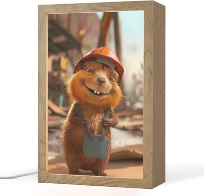 Nachtlampje 20x30 cm - Kinder lampje - Bever - Bouw - Bouwhelm - Dier - Tafellamp kinderkamer - Slaapkamer lamp - Bedlamp kinderen - Kinderlampje stopcontact - Wandlamp babykamer - Nachtlampjes