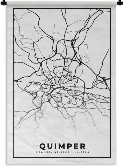 Wandkleed - Wanddoek - Stadskaart - Plattegrond - Quimper - Kaart - Frankrijk - Zwart wit - 120x180 cm - Wandtapijt