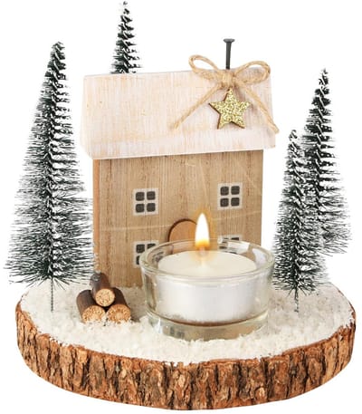 Dekoratief | Tafelstukje m/huisje/boompjes, groen/naturel, hout, 14x14x13cm | A255508