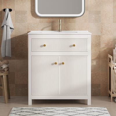 Wishdor - Badkameronderkast Met Wastafel - Zachtsluitende Lade En Deur - Modern - Vrijstaand - MDF En Keramiek - Wit - 81 X 46,5 X 86,5 Cm