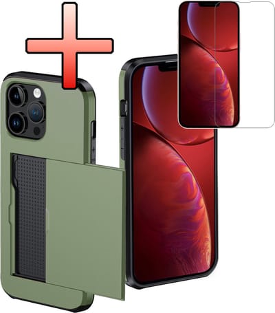 Hoes Geschikt voor iPhone 14 Pro Hoesje Pasjeshouder Hard Cover Met Screenprotector Shock Proof Hard Case Hoes Met Kaarthouder - Donkergroen