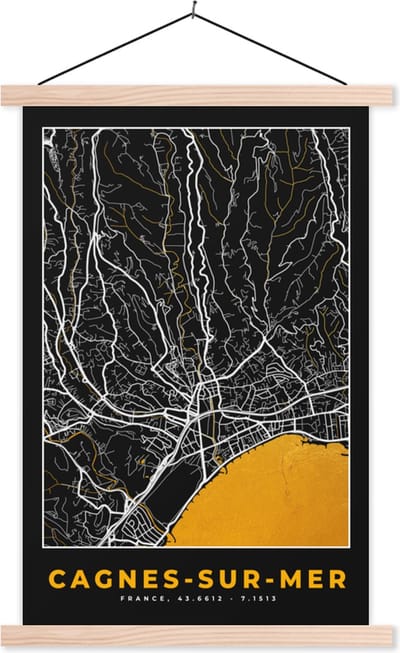 Posterhanger incl. Poster 40x60 cm - Schoolplaat - Plattegrond - Cagnes-sur-Mer - Kaart - Frankrijk - Stadskaart - Textielposter - Blanke latten - Stadskaart